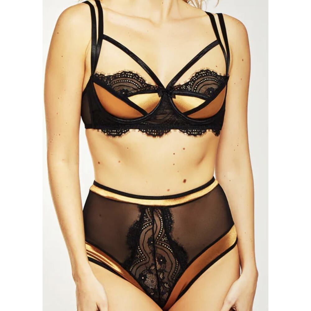 Icollection Pazia Bra Set Satin Lace Lingerie Black, Gold, Large, very Comfy $63